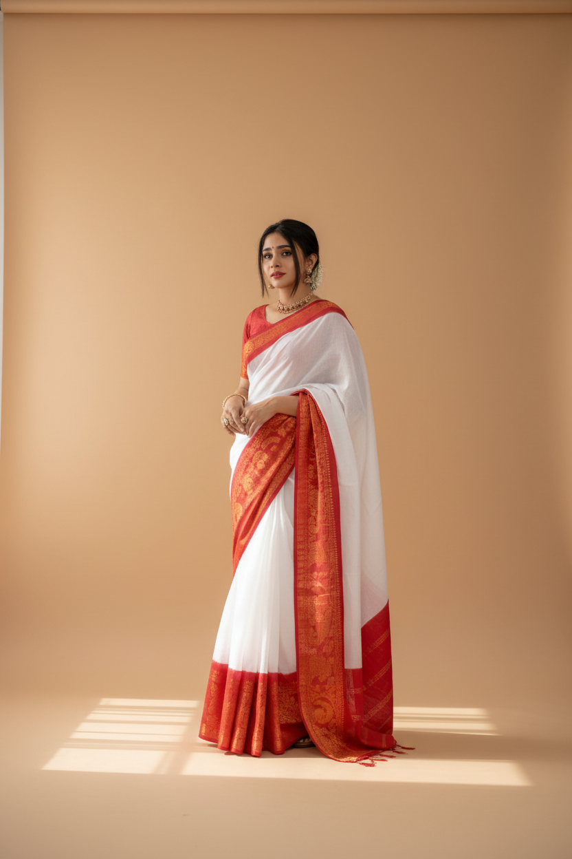 Snuggle Spot Women's Silk Printed Saree With Unstitched Blouse 5.5Mtr (White)