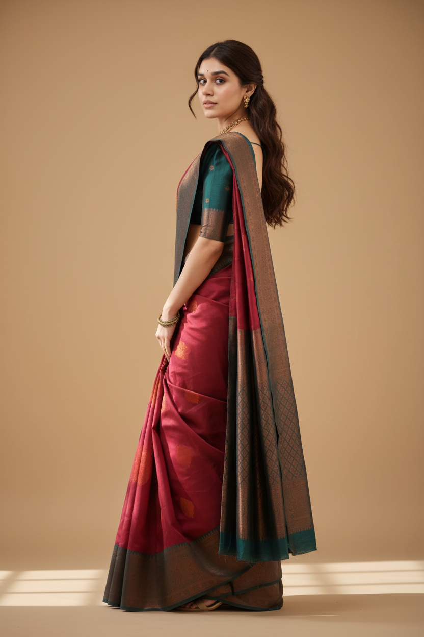 Snuggle Spot Women's Silk Printed Saree With Unstitched Blouse 5.5Mtr (Red)
