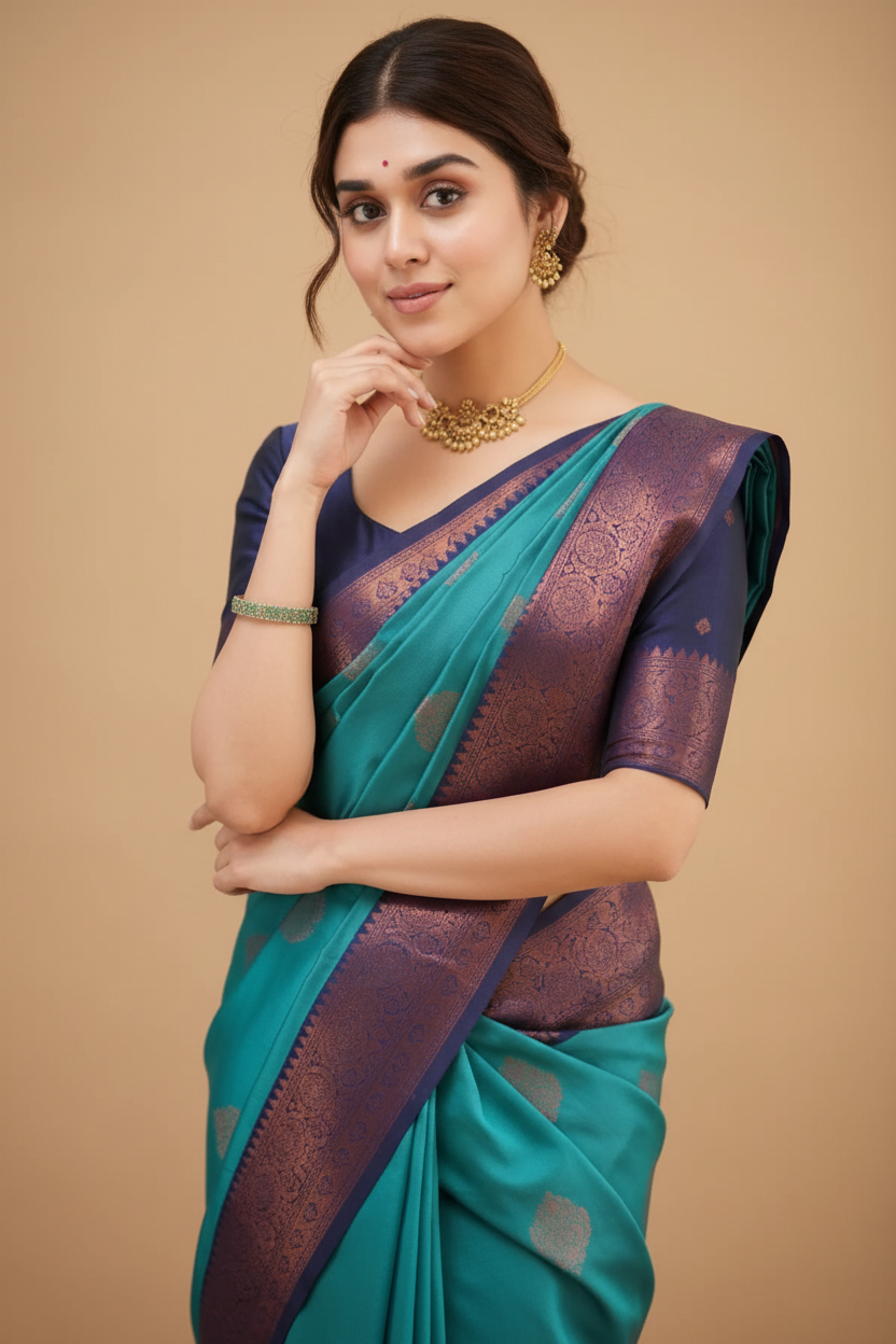 Snuggle Spot Women's Silk Printed Saree With Unstitched Blouse 5.5Mtr (Rama)