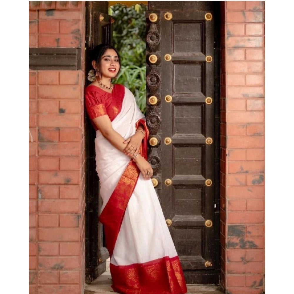Snuggle Spot Women's Silk Printed Saree With Unstitched Blouse 5.5Mtr (White)