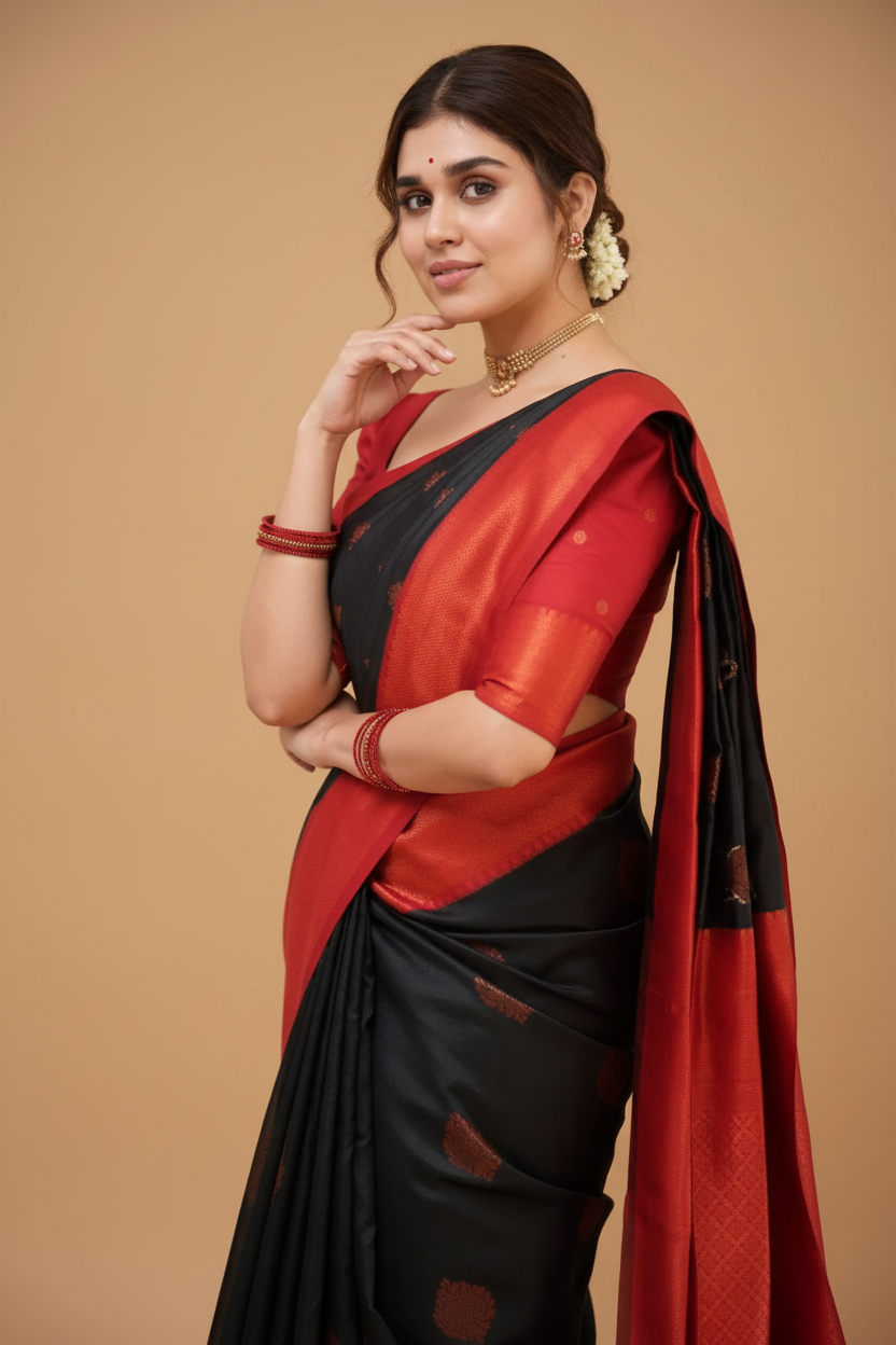 Snuggle Spot Women's Silk Printed Saree With Unstitched Blouse 5.5Mtr (Black)