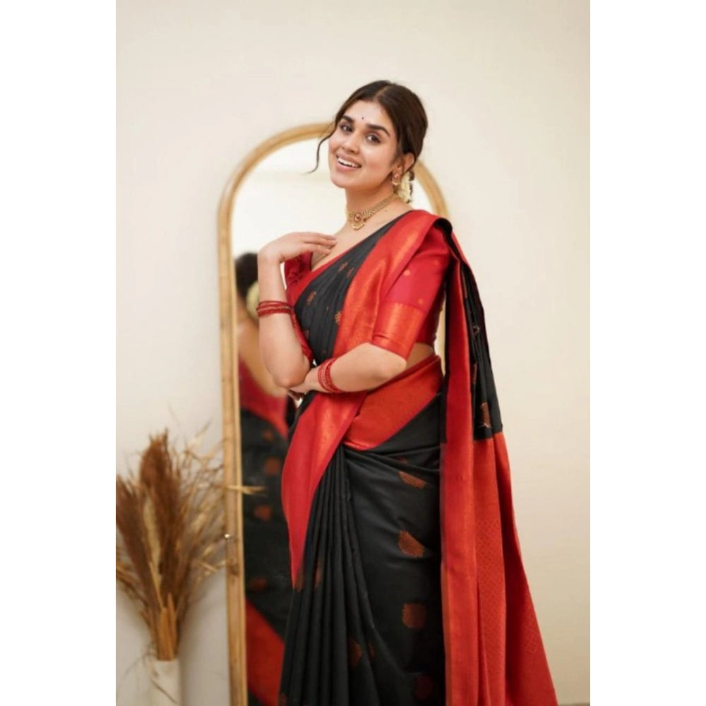 Snuggle Spot Women's Silk Printed Saree With Unstitched Blouse 5.5Mtr (Black)