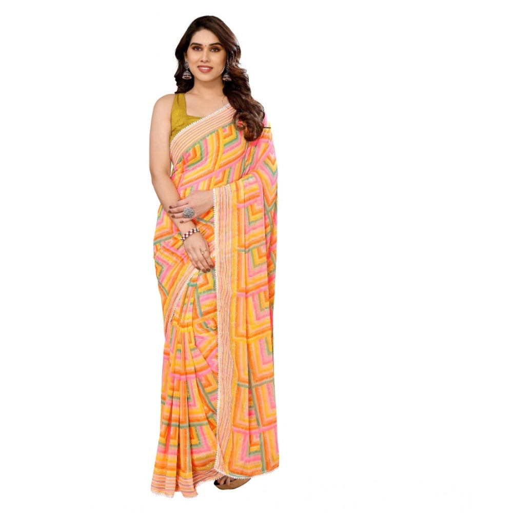 Snuggle Spot Women's Small Lace Georgette Printed Ready-to-Wear Saree With Unstitched Blouse 5.5 Mtr (Yellow)