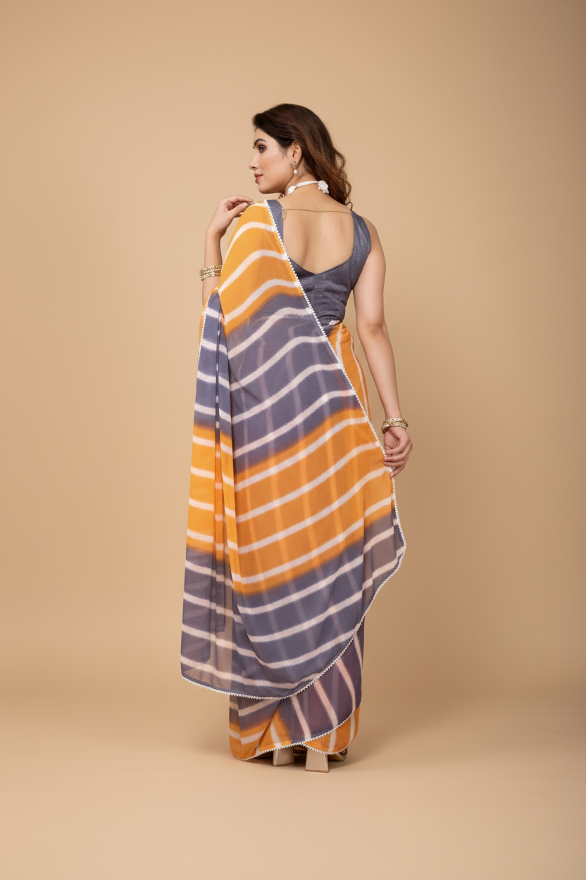 Snuggle Spot Women's Small Lace Georgette Striped Ready-to-Wear Saree With Unstitched Blouse 5.5 Mtr (Orange-Grey)