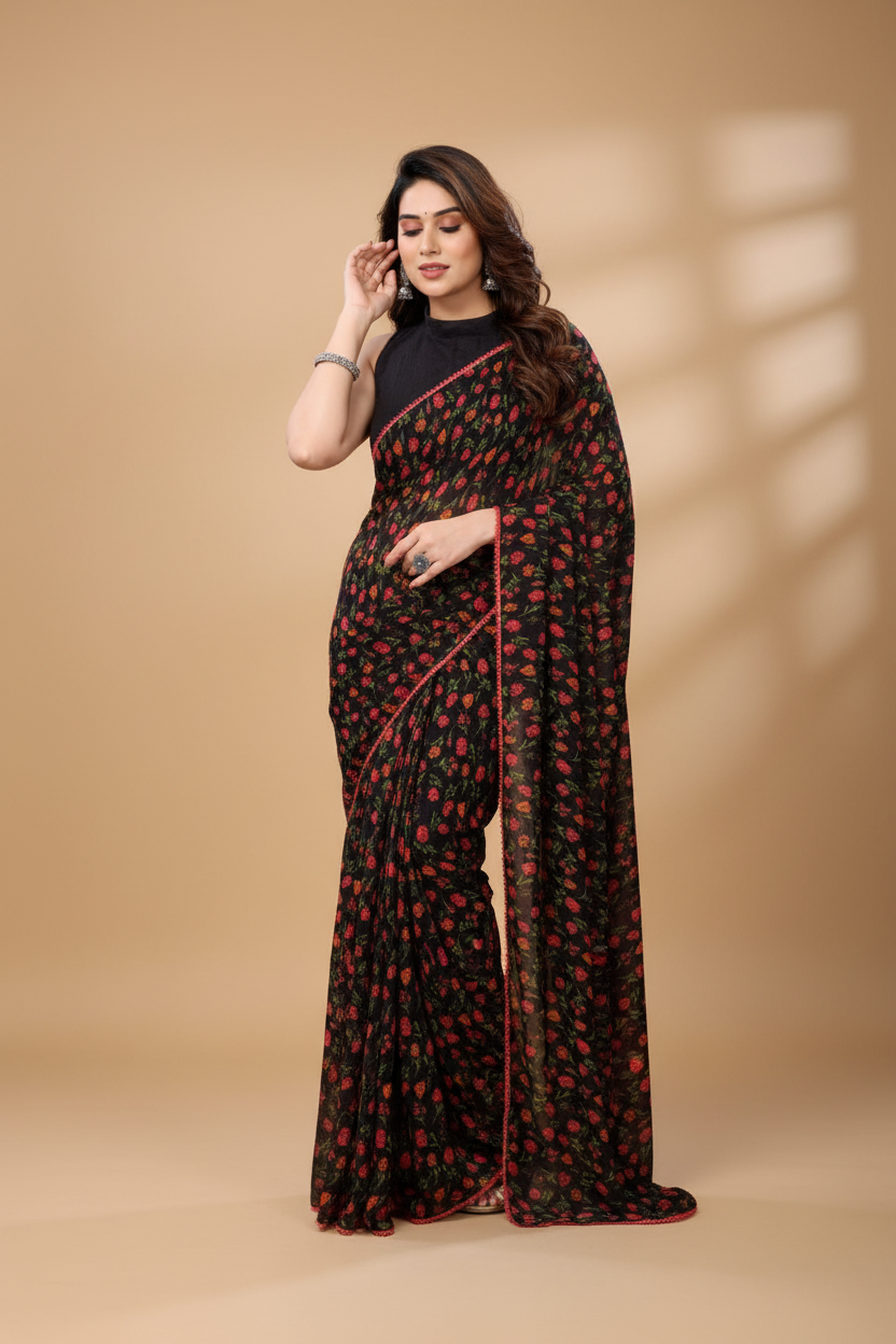 Snuggle Spot Women's Small Lace Georgette Printed Ready-to-Wear Saree With Unstitched Blouse 5.5 Mtr (Black)