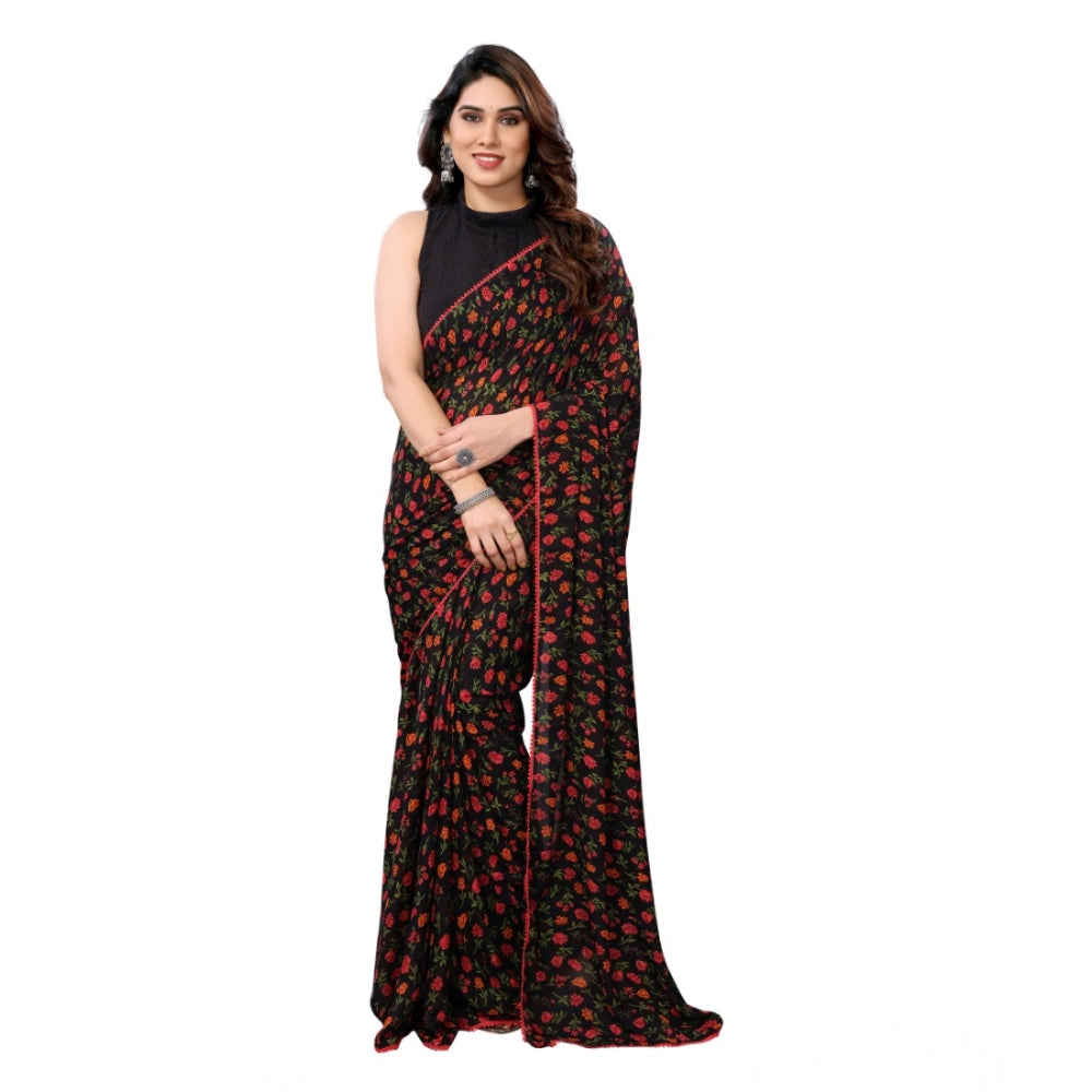 Snuggle Spot Women's Small Lace Georgette Printed Ready-to-Wear Saree With Unstitched Blouse 5.5 Mtr (Black)