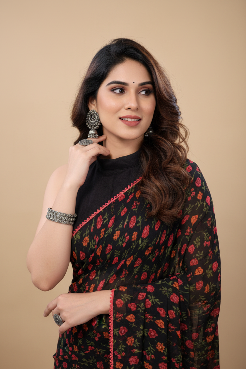 Snuggle Spot Women's Small Lace Georgette Printed Ready-to-Wear Saree With Unstitched Blouse 5.5 Mtr (Black)