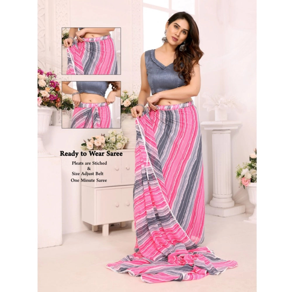 Snuggle Spot Women's Small Lace Georgette Striped Ready-to-Wear Saree With Unstitched Blouse 5.5 Mtr (Grey)