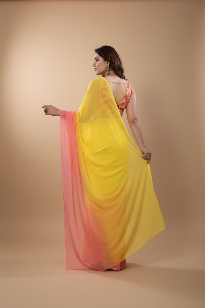 Snuggle Spot Women's Small Lace Georgette Solid Ready-to-Wear Saree With Unstitched Blouse 5.5 Mtr (Pink-Yellow)