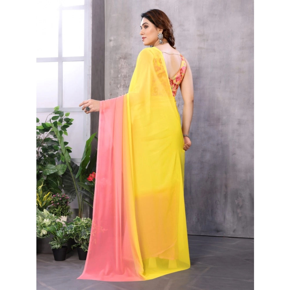 Snuggle Spot Women's Small Lace Georgette Solid Ready-to-Wear Saree With Unstitched Blouse 5.5 Mtr (Pink-Yellow)
