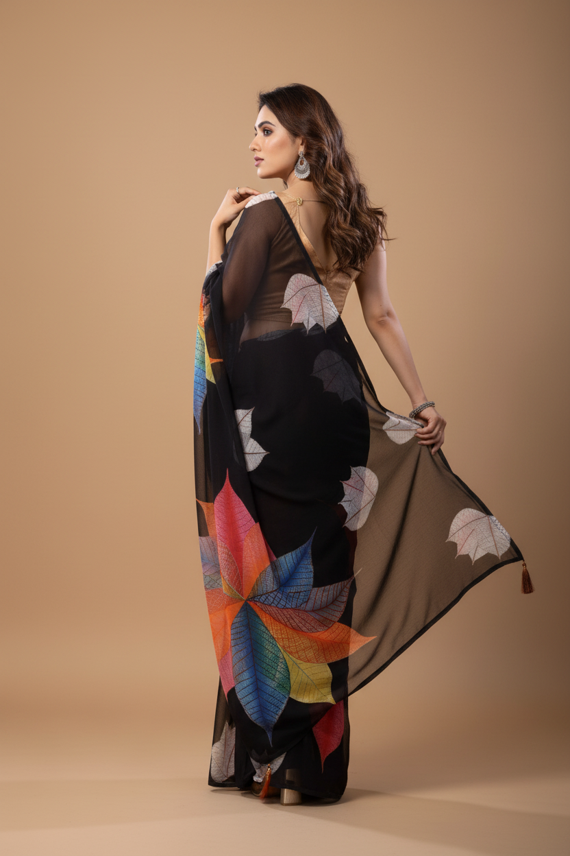 Snuggle Spot Women's Small Lace Georgette Printed Ready-to-Wear Saree With Unstitched Blouse 5.5 Mtr (Black)