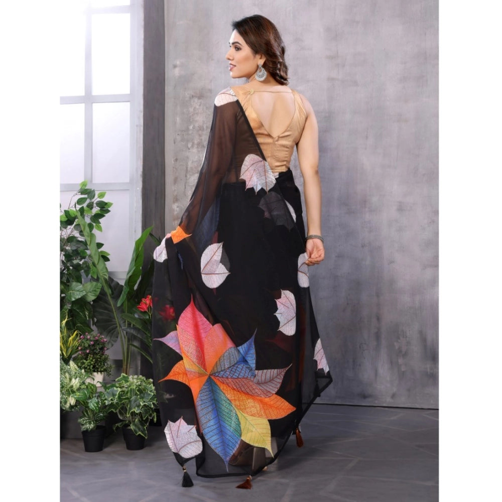 Snuggle Spot Women's Small Lace Georgette Printed Ready-to-Wear Saree With Unstitched Blouse 5.5 Mtr (Black)