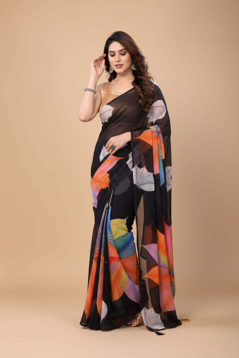 Snuggle Spot Women's Small Lace Georgette Printed Ready-to-Wear Saree With Unstitched Blouse 5.5 Mtr (Black)
