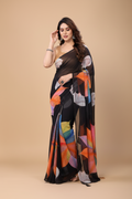 Snuggle Spot Women's Small Lace Georgette Printed Ready-to-Wear Saree With Unstitched Blouse 5.5 Mtr (Black)