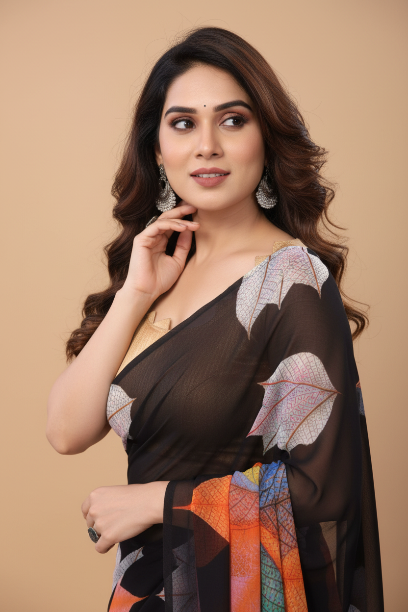 Snuggle Spot Women's Small Lace Georgette Printed Ready-to-Wear Saree With Unstitched Blouse 5.5 Mtr (Black)