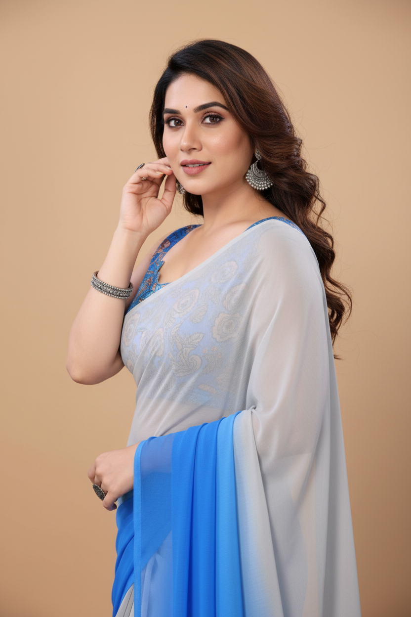 Snuggle Spot Women's Small Lace Georgette Solid Ready-to-Wear Saree With Unstitched Blouse 5.5 Mtr (Grey-Blue)