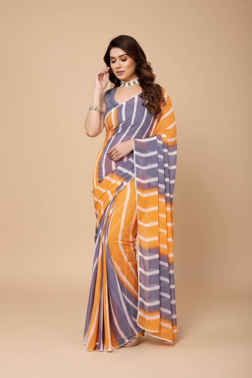Snuggle Spot Women's Small Lace Georgette Striped Ready-to-Wear Saree With Unstitched Blouse 5.5 Mtr (Orange-Grey)