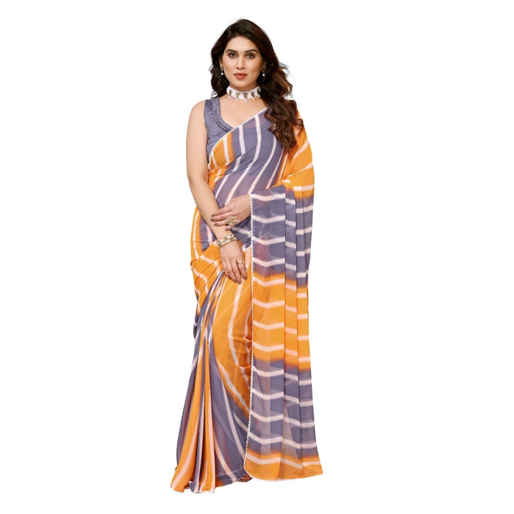 Snuggle Spot Women's Small Lace Georgette Striped Ready-to-Wear Saree With Unstitched Blouse 5.5 Mtr (Orange-Grey)