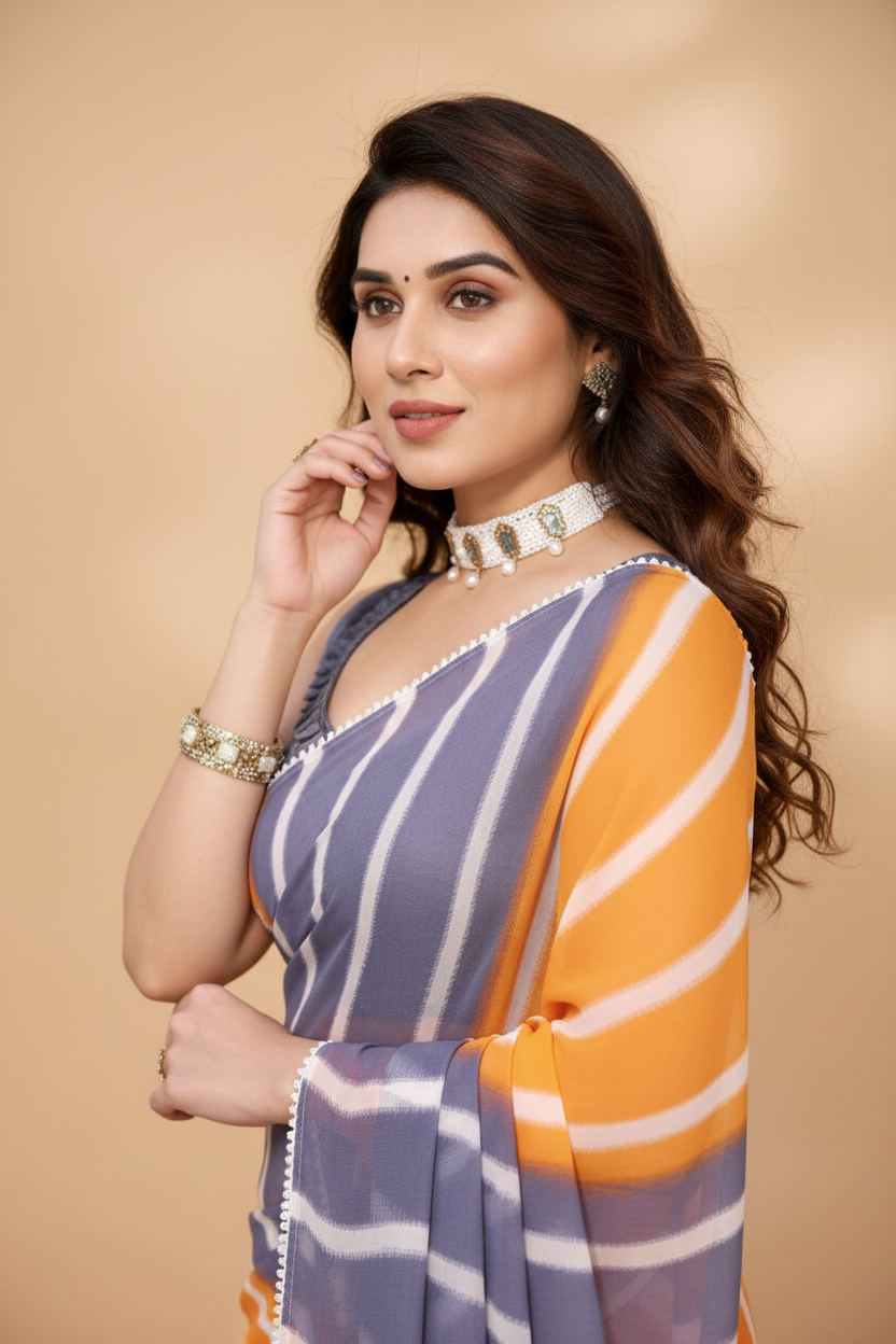Snuggle Spot Women's Small Lace Georgette Striped Ready-to-Wear Saree With Unstitched Blouse 5.5 Mtr (Orange-Grey)
