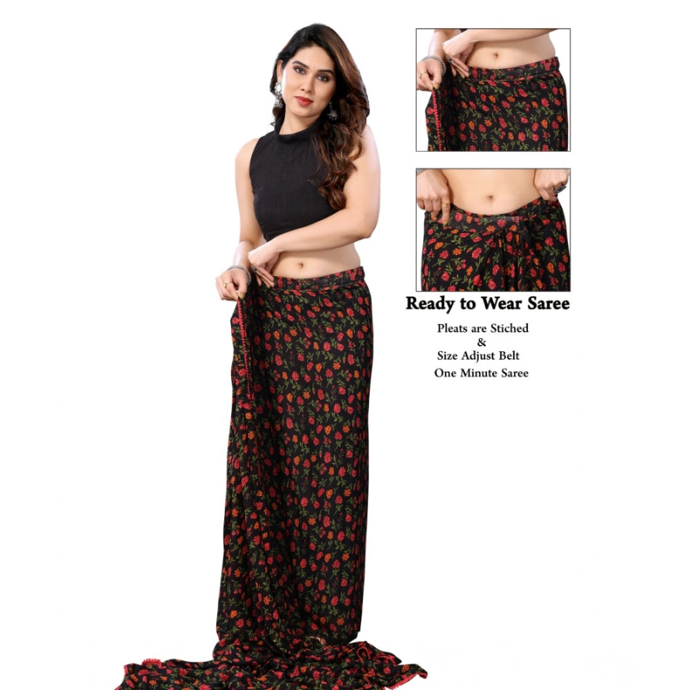 Snuggle Spot Women's Small Lace Georgette Printed Ready-to-Wear Saree With Unstitched Blouse 5.5 Mtr (Black)