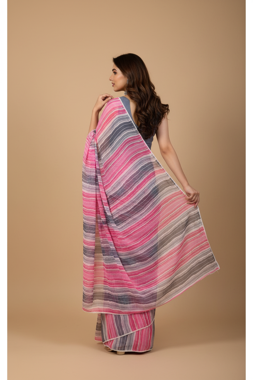 Snuggle Spot Women's Small Lace Georgette Striped Ready-to-Wear Saree With Unstitched Blouse 5.5 Mtr (Grey)