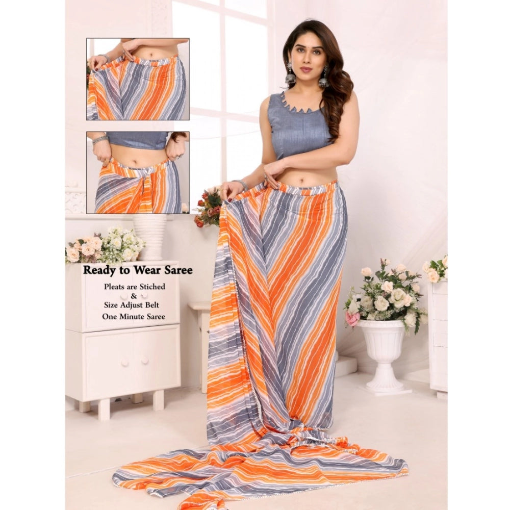 Snuggle Spot Women's Small Lace Georgette Striped Ready-to-Wear Saree With Unstitched Blouse 5.5 Mtr (Grey)