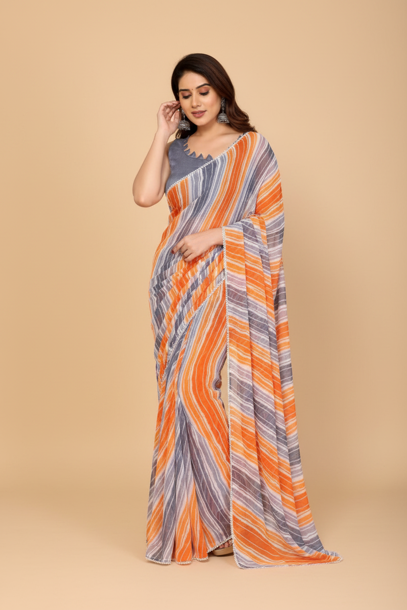 Snuggle Spot Women's Small Lace Georgette Striped Ready-to-Wear Saree With Unstitched Blouse 5.5 Mtr (Grey)