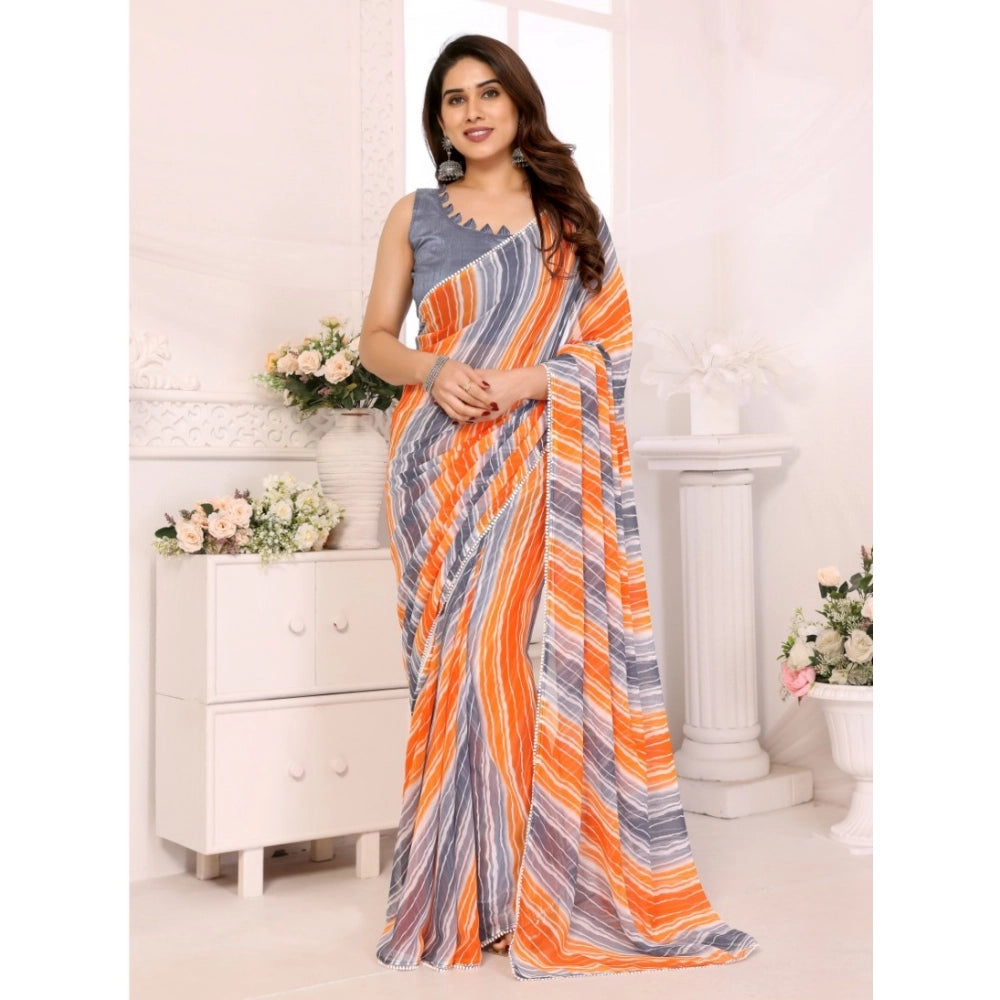 Snuggle Spot Women's Small Lace Georgette Striped Ready-to-Wear Saree With Unstitched Blouse 5.5 Mtr (Grey)