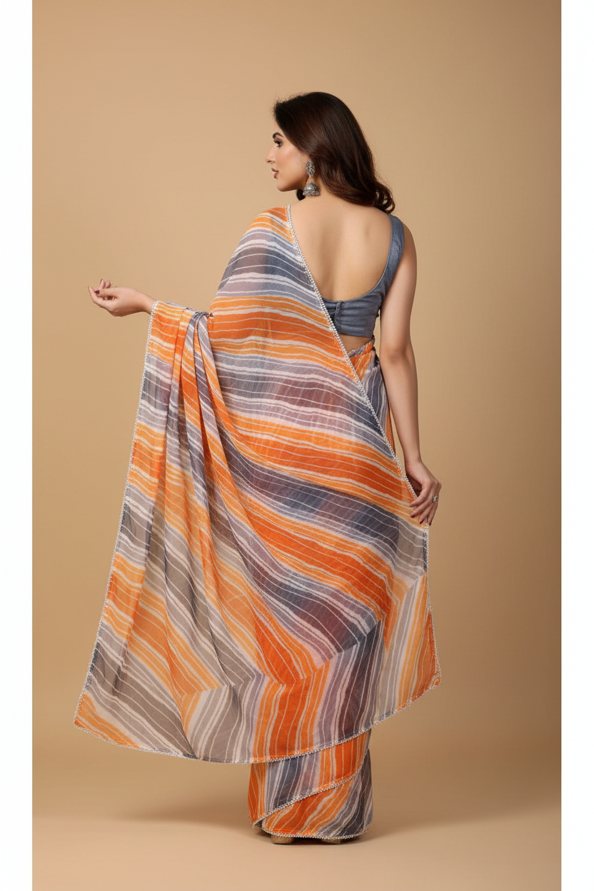 Snuggle Spot Women's Small Lace Georgette Striped Ready-to-Wear Saree With Unstitched Blouse 5.5 Mtr (Grey)