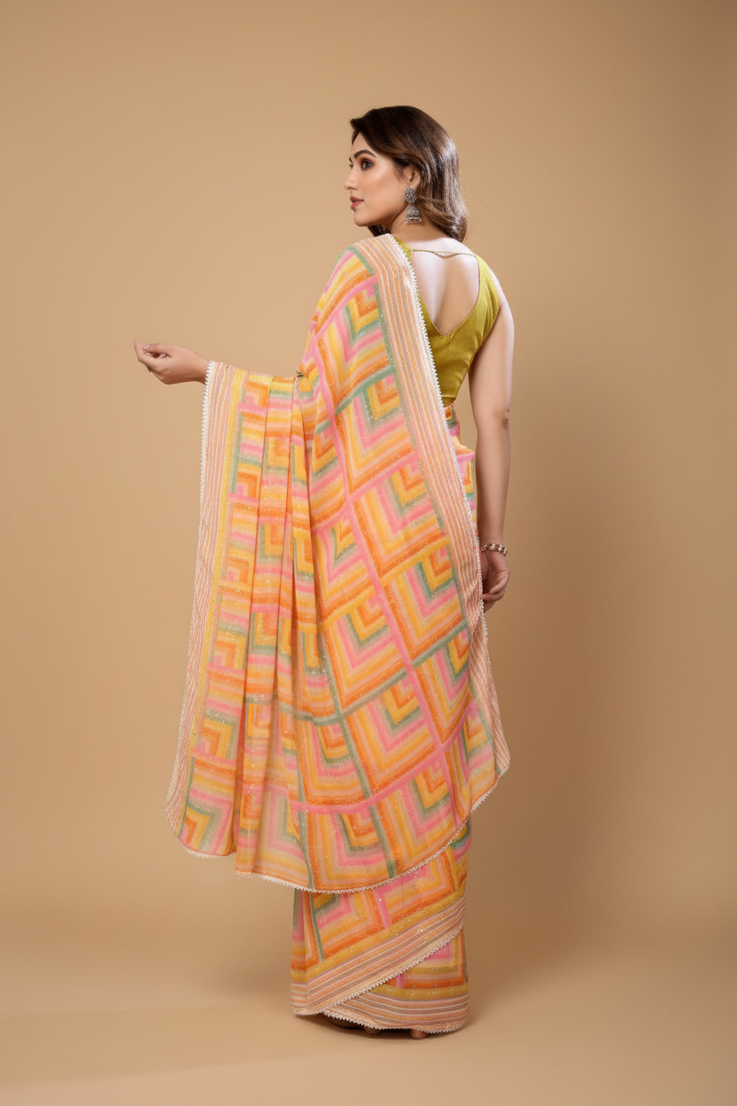 Snuggle Spot Women's Small Lace Georgette Printed Ready-to-Wear Saree With Unstitched Blouse 5.5 Mtr (Yellow)