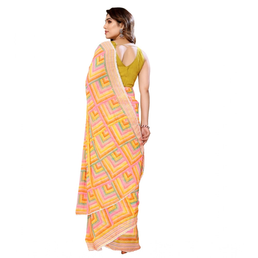 Snuggle Spot Women's Small Lace Georgette Printed Ready-to-Wear Saree With Unstitched Blouse 5.5 Mtr (Yellow)