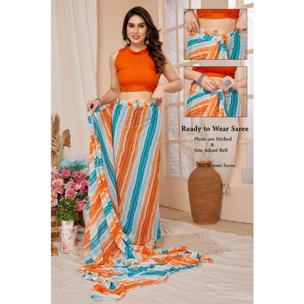 Snuggle Spot Women's Small Lace Georgette Striped Ready-to-Wear Saree With Unstitched Blouse 5.5 Mtr (Multicolor)