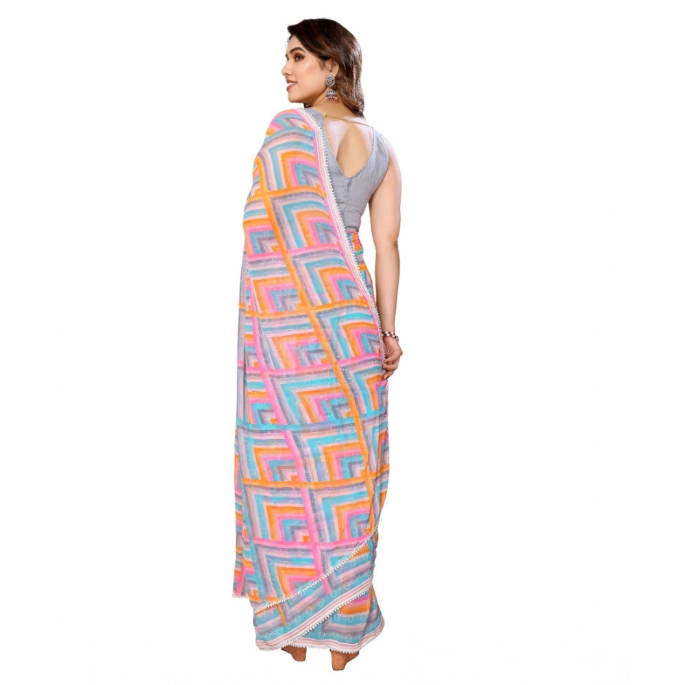 Snuggle Spot Women's Small Lace Georgette Printed Ready-to-Wear Saree With Unstitched Blouse 5.5 Mtr (Grey)