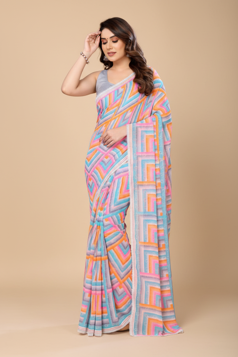 Snuggle Spot Women's Small Lace Georgette Printed Ready-to-Wear Saree With Unstitched Blouse 5.5 Mtr (Grey)