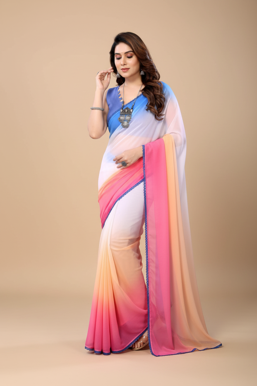 Snuggle Spot Women's Small Lace Georgette Solid Ready-to-Wear Saree With Unstitched Blouse 5.5 Mtr (Multicolor)