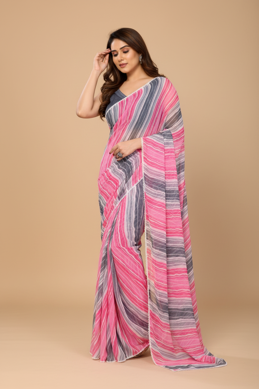 Snuggle Spot Women's Small Lace Georgette Striped Ready-to-Wear Saree With Unstitched Blouse 5.5 Mtr (Grey)
