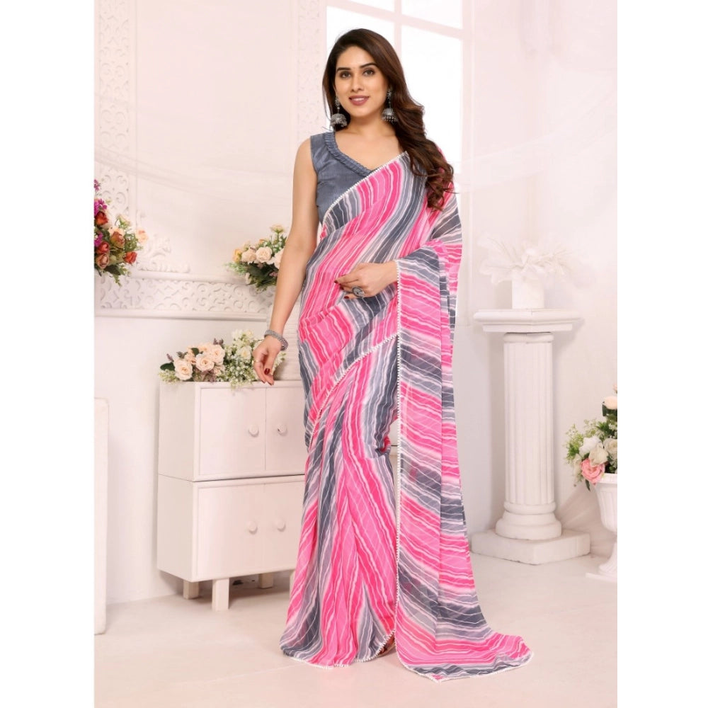 Snuggle Spot Women's Small Lace Georgette Striped Ready-to-Wear Saree With Unstitched Blouse 5.5 Mtr (Grey)