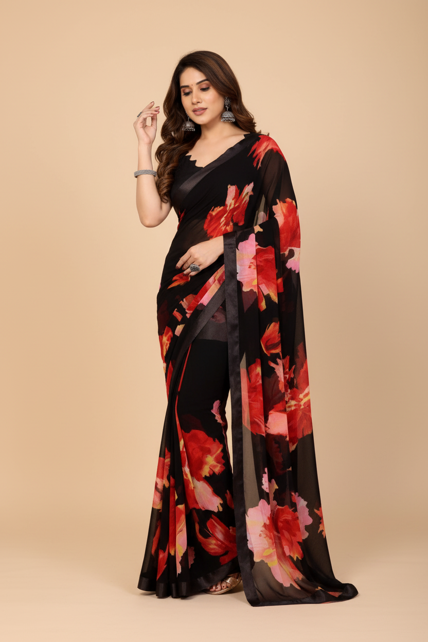 Snuggle Spot Women's Small Lace Georgette Printed Ready-to-Wear Saree With Unstitched Blouse 5.5 Mtr (Black-Red)