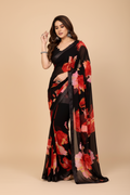Snuggle Spot Women's Small Lace Georgette Printed Ready-to-Wear Saree With Unstitched Blouse 5.5 Mtr (Black-Red)