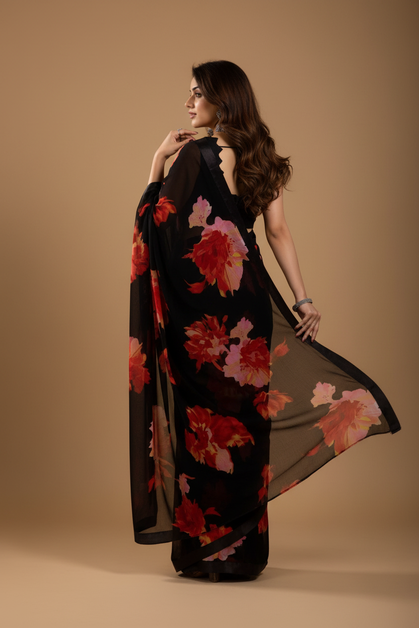 Snuggle Spot Women's Small Lace Georgette Printed Ready-to-Wear Saree With Unstitched Blouse 5.5 Mtr (Black-Red)