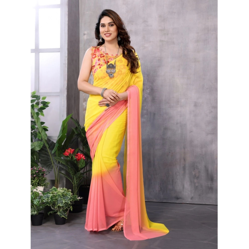 Snuggle Spot Women's Small Lace Georgette Solid Ready-to-Wear Saree With Unstitched Blouse 5.5 Mtr (Pink-Yellow)