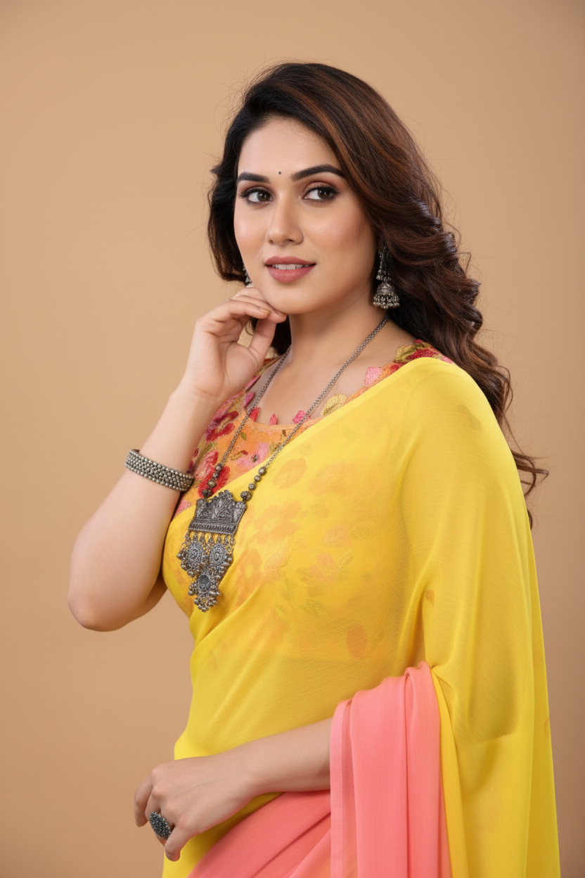 Snuggle Spot Women's Small Lace Georgette Solid Ready-to-Wear Saree With Unstitched Blouse 5.5 Mtr (Pink-Yellow)