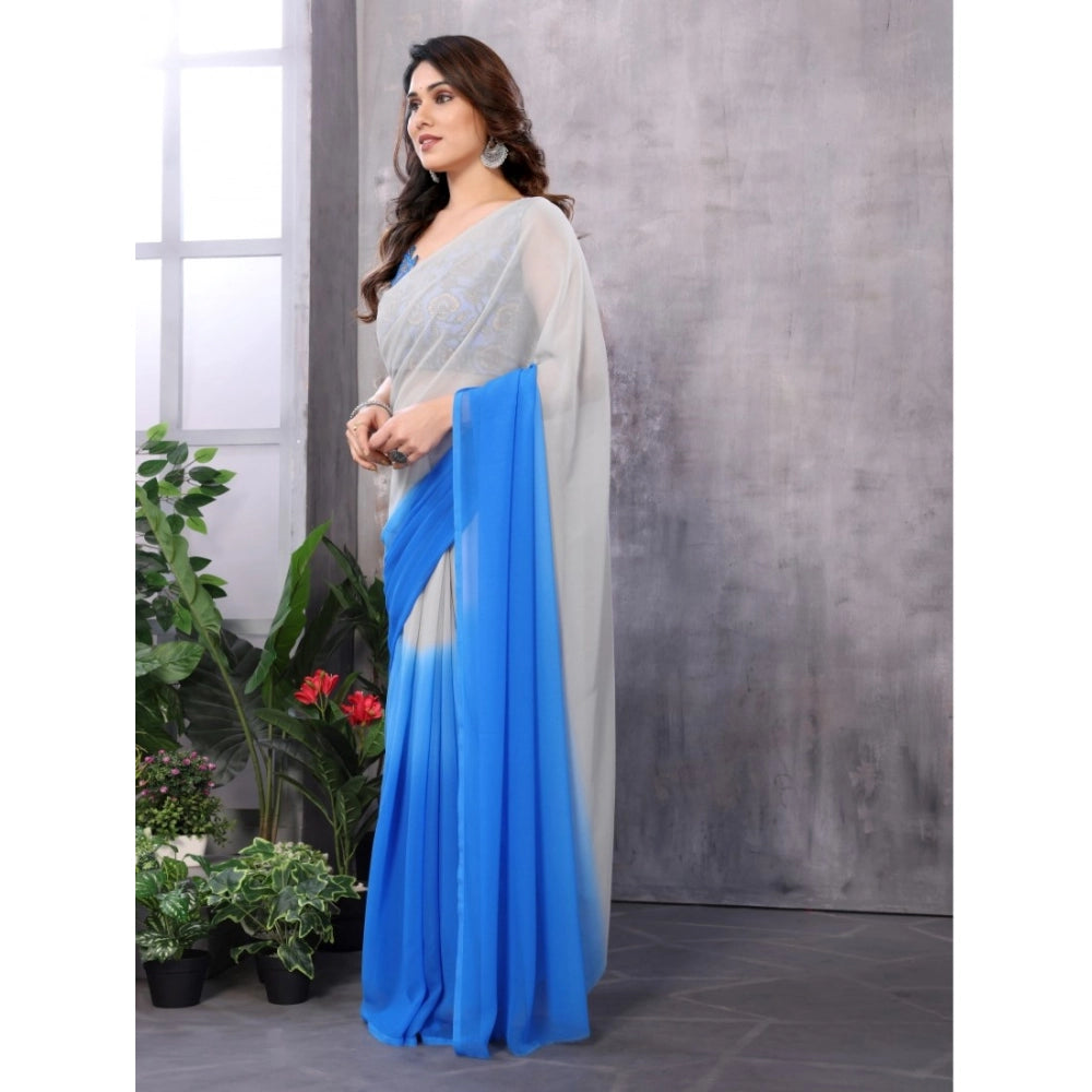 Snuggle Spot Women's Small Lace Georgette Solid Ready-to-Wear Saree With Unstitched Blouse 5.5 Mtr (Grey-Blue)