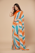 Snuggle Spot Women's Small Lace Georgette Striped Ready-to-Wear Saree With Unstitched Blouse 5.5 Mtr (Multicolor)