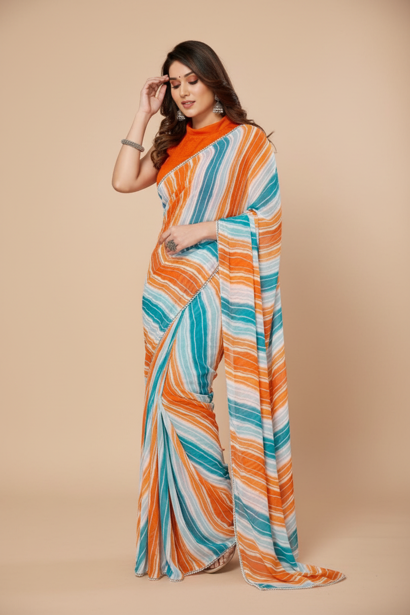 Snuggle Spot Women's Small Lace Georgette Striped Ready-to-Wear Saree With Unstitched Blouse 5.5 Mtr (Multicolor)