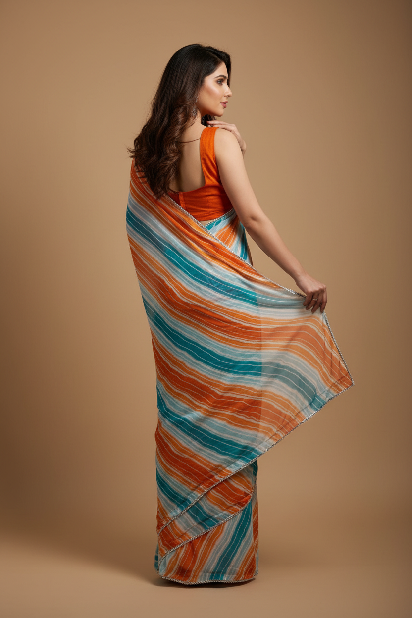 Snuggle Spot Women's Small Lace Georgette Striped Ready-to-Wear Saree With Unstitched Blouse 5.5 Mtr (Multicolor)