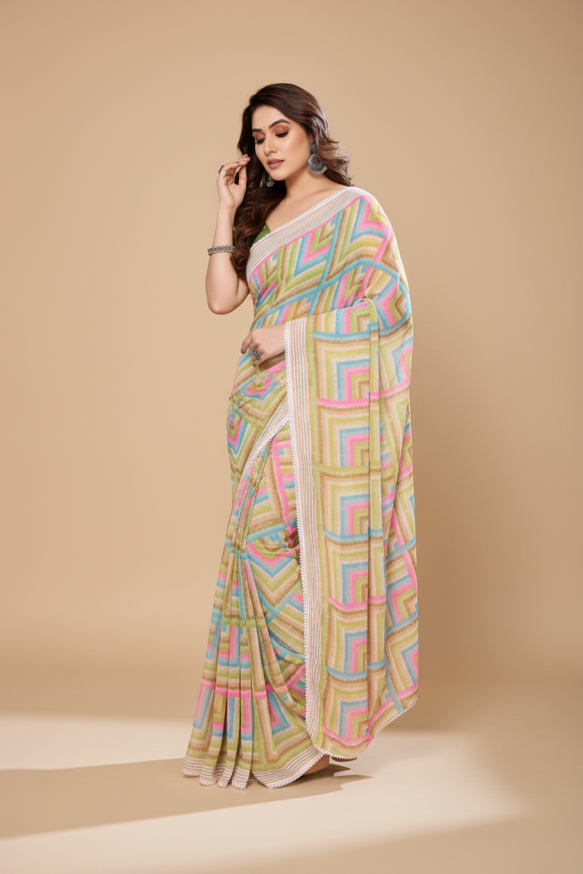 Snuggle Spot Women's Small Lace Georgette Printed Ready-to-Wear Saree With Unstitched Blouse 5.5 Mtr (Green)