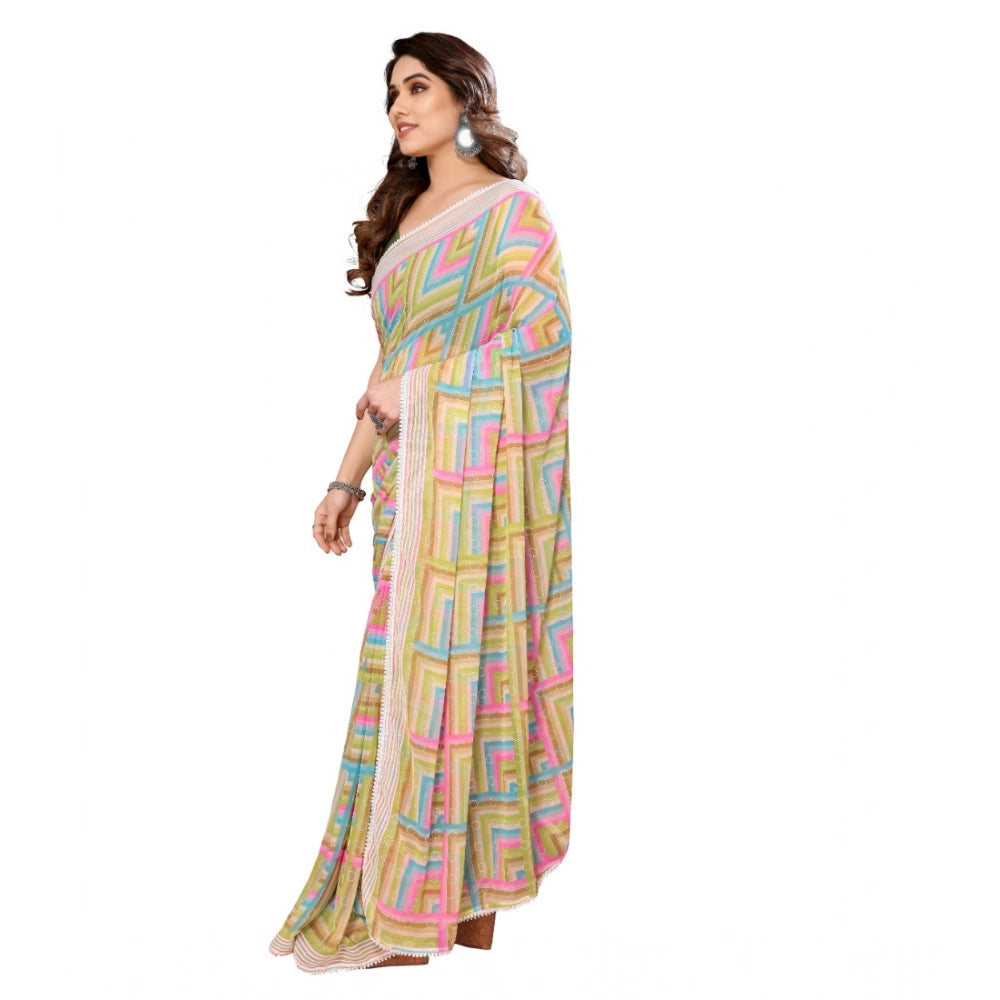 Snuggle Spot Women's Small Lace Georgette Printed Ready-to-Wear Saree With Unstitched Blouse 5.5 Mtr (Green)