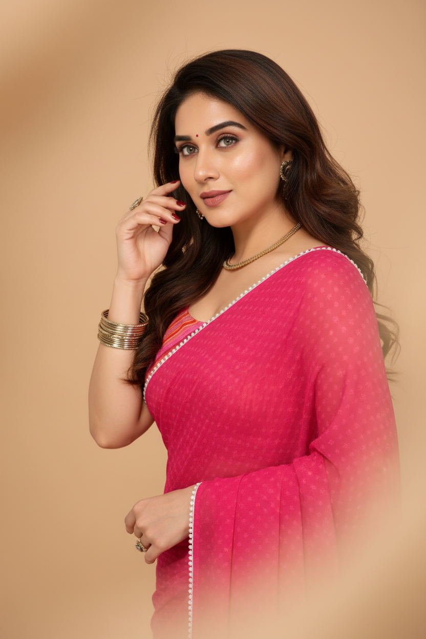 Snuggle Spot Women's Small Lace Georgette Embellished Ready-to-Wear Saree With Unstitched Blouse 5.5 Mtr (Dark Pink)