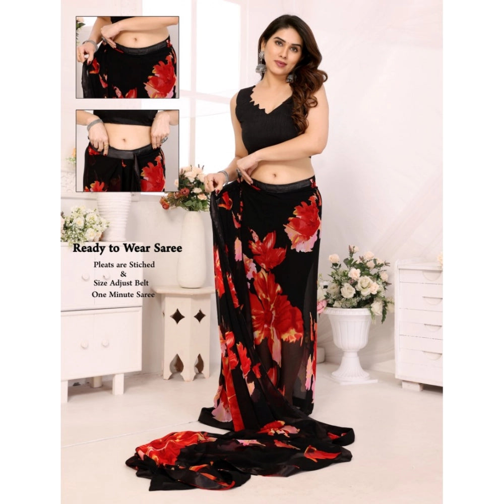 Snuggle Spot Women's Small Lace Georgette Printed Ready-to-Wear Saree With Unstitched Blouse 5.5 Mtr (Black-Red)
